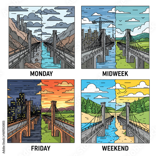 Fourpanel illustration depicting the changing mood of the week from Monday to the weekend through a split city and nature bridge scene.