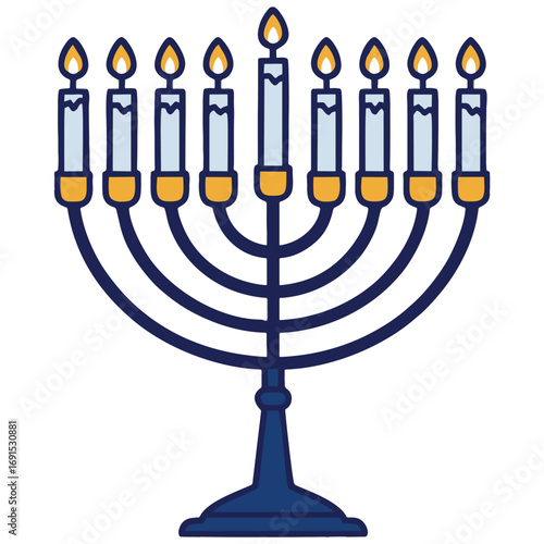 Illustration of a Hanukkah menorah with nine lit candles, symbolizing the Jewish festival of lights. Its vivid colors and clear design make it ideal for Jewish holidays and cultural celebrations.