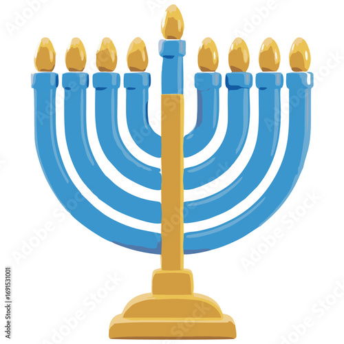 Illustration of a traditional Hanukkah menorah with eight light blue candle holders and golden candles. This image could be used to represent Jewish holidays, celebrations, religious themes