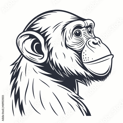 Intense gaze of a chimpanzee, a detailed monochrome illustration.
