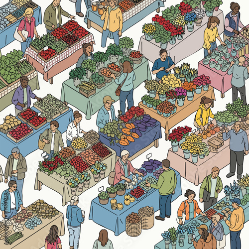 Highangle illustrated view of a vibrant local farmers market with diverse people and fresh goods.