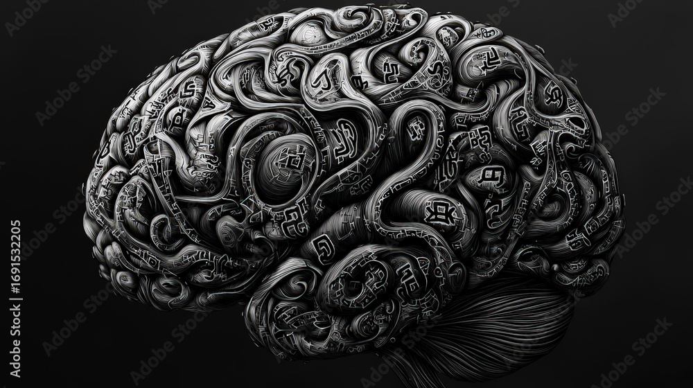 Fototapeta Highly detailed brain with intricate folds and patterns, showcasing blend of organic and abstract elements, evokes curiosity and wonder