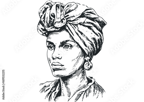 Black woman wearing headwrap and earring, sketch portrait. Vector hand drawn illustration