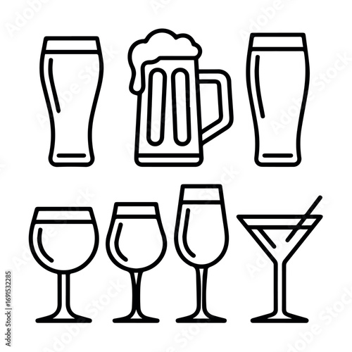 Outline vector illustration of beer glasses wine glasses and cocktail glasses for bar and restaurant menus design
