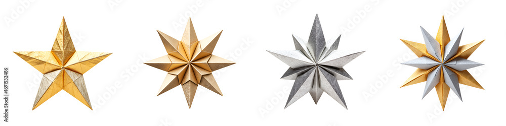 Fototapeta premium Golden and Silver Star Collection: 3D Rendered Christmas Ornaments