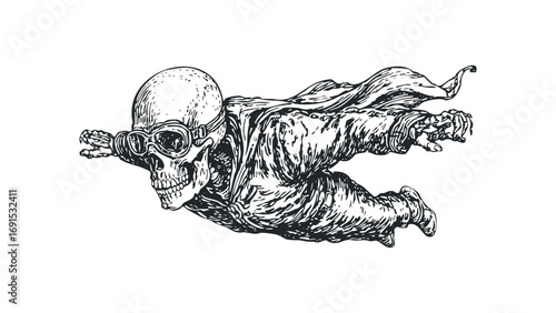 Skeleton with Goggles and Cape Flying Transparent. Vector hand drawn illustration