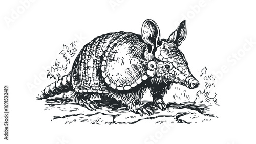 Ink drawing of an armadillo walking on cracked ground with sparse vegetation. Vector hand drawn illustration