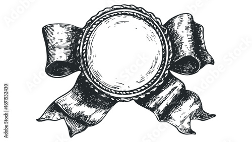 Vintage ribbon award with empty circular frame and decorative border. Vector hand drawn illustration