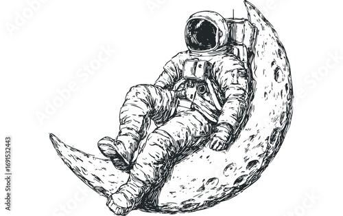 Astronaut relaxes seated on crescent moon sketch. Vector hand drawn illustration
