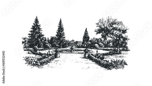 Black and white ink sketch of a formal garden with trees and fountain. Vector hand drawn illustration