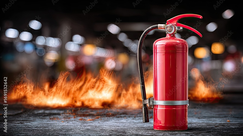 Obraz premium Red fire extinguisher in front of a blazing fire