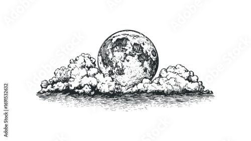 Full moon peeking through clouds in an etched style. Vector hand drawn illustration
