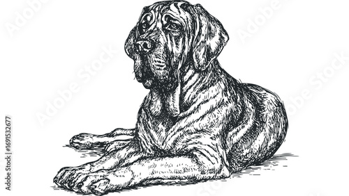 Pen and ink sketch of a Great Dane dog lying down with striped markings. Vector hand drawn illustration