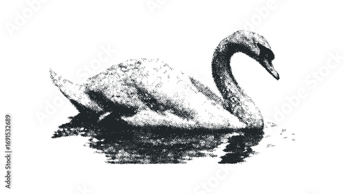 Halftone swan on water. Vector hand drawn illustration
