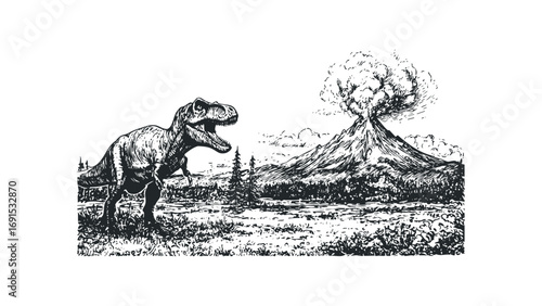 Dinosaur roaring near a smoking volcano in a prehistoric landscape. Vector hand drawn illustration