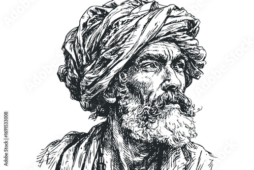 Elderly Arab Man Wearing Turban Sketch. Vector hand drawn illustration