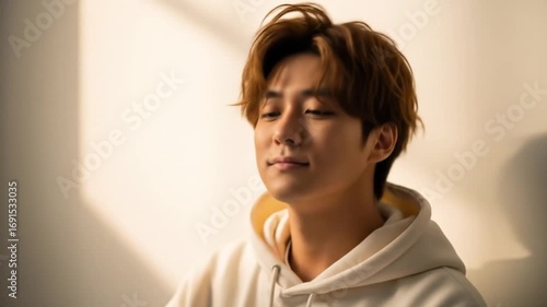 Young Man in Hoodie Finding Calm Morning Hope in Golden Light