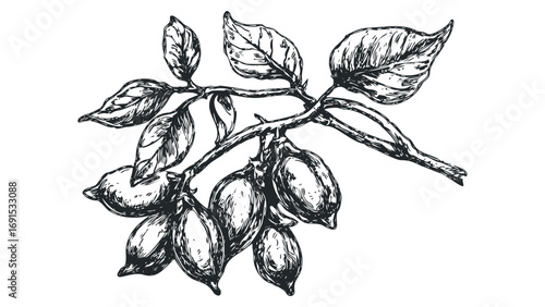 Hand drawn branch with cluster of nuts and leaves, isolated on white background,. Vector hand drawn illustration