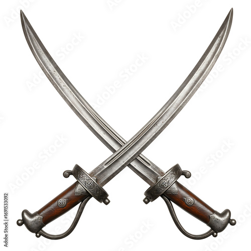 Two crossed swords on a transparent background, antique weapon isolated on transparent background