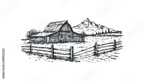 Rustic wooden barn and fence in a mountainous landscape sketch on transparent background. Vector hand drawn illustration