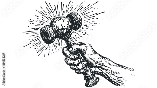 Hand holding a mace with radiating lines. Vector hand drawn illustration