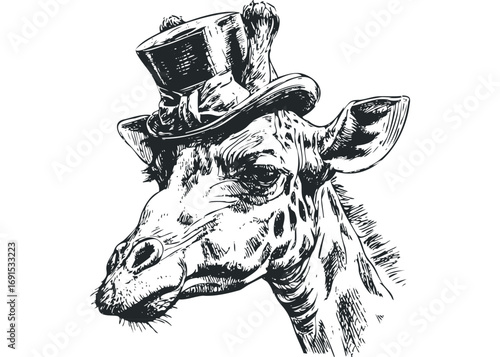 Sketch of a giraffe wearing a top hat. Vector hand drawn illustration