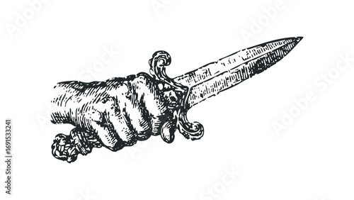 Hand holding ornate dagger. Vector hand drawn illustration