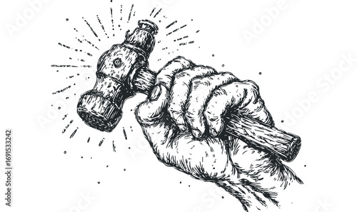 Hand holding a hammer, graphic element, file. Vector hand drawn illustration