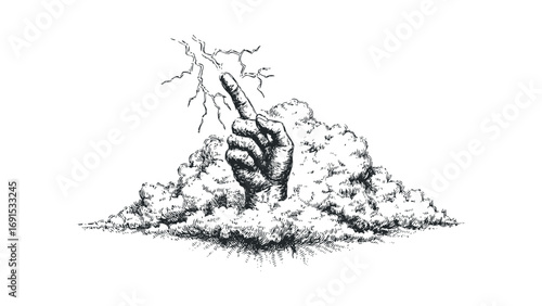 Hand emerging from clouds, generating lightning bolt with index finger,. Vector hand drawn illustration