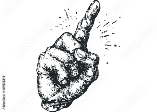Hand gesture pointing upwards with energetic lines. Vector hand drawn illustration