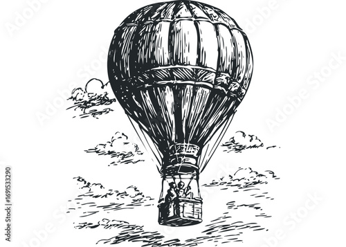 Sketchy hot air balloon with passengers and clouds. Vector hand drawn illustration