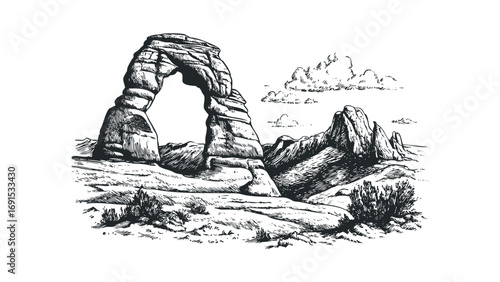Rock arch formation in arid landscape with sparse vegetation and dramatic clouds rendered in sketch style on transparent background. Vector hand drawn illustration