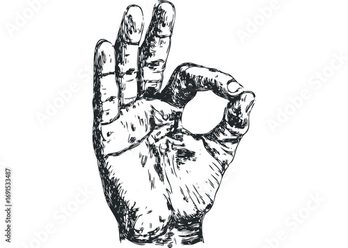 Hand forming ok gesture in sketch style on transparent background. Vector hand drawn illustration