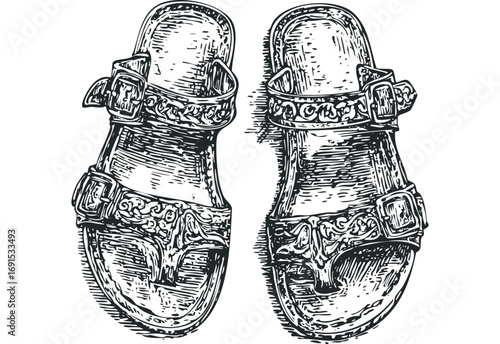 Detailed sketch of a pair of ornate sandals on a transparent background. Vector hand drawn illustration