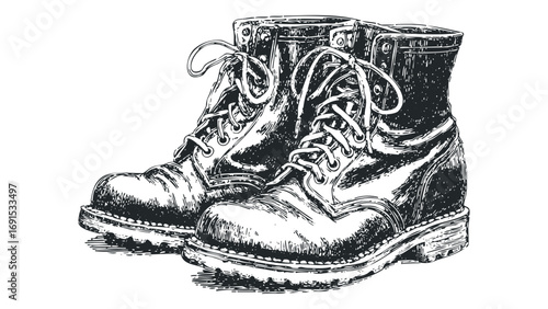 Vintage Leather Lace Up Boots on Transparent Background. Vector hand drawn illustration
