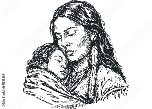 Native American mother cradling child, detailed sketch. Vector hand drawn illustration