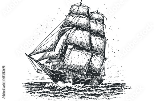 Vintage schooner with full sails navigating rough seas, sketch style. Vector hand drawn illustration