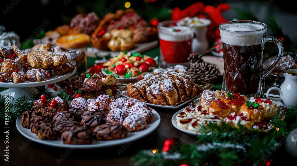 Obraz premium Festive table filled with traditional holiday treats, including cookies, pastries, and drinks, creating warm and joyful atmosphere