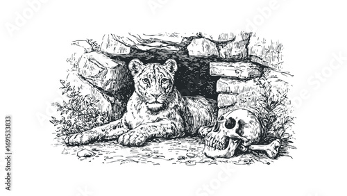 Lion cub resting near skull in cave lair. Vector hand drawn illustration