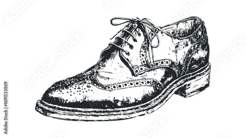 Ink sketch of a men's Oxford wingtip shoe on transparent background. Vector hand drawn illustration