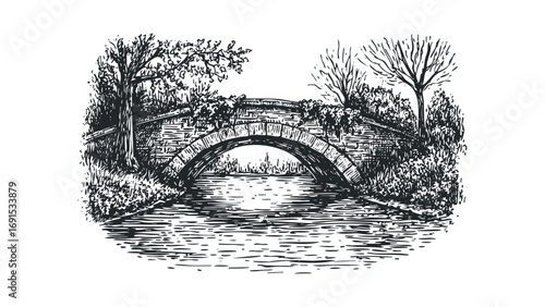 Arch bridge over a tranquil river with lush foliage in a sketched style. Vector hand drawn illustration