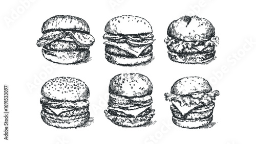 Six hand drawn hamburger variations on transparent background file. Vector hand drawn illustration