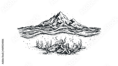 Undersea mountain landscape with octopus and seaweed. Vector hand drawn illustration