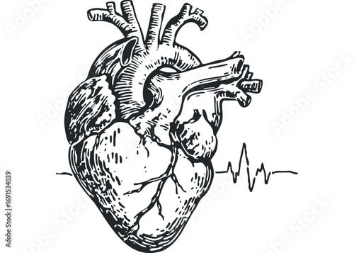 Detailed Anatomical Heart with Pulse Line Graphic. Vector hand drawn illustration