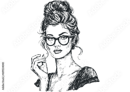 Elegant woman with sophisticated hairstyle and glasses on transparent background. Vector hand drawn illustration