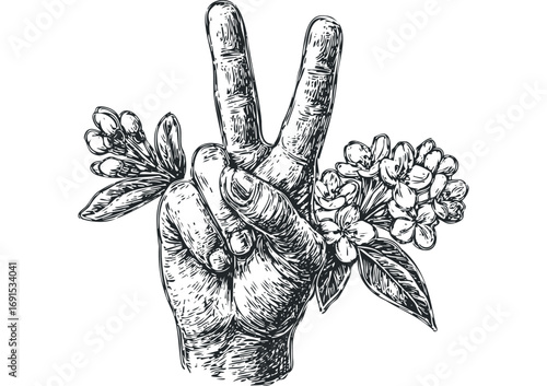 Hand gesture victory sign with blooming flowers image. Vector hand drawn illustration