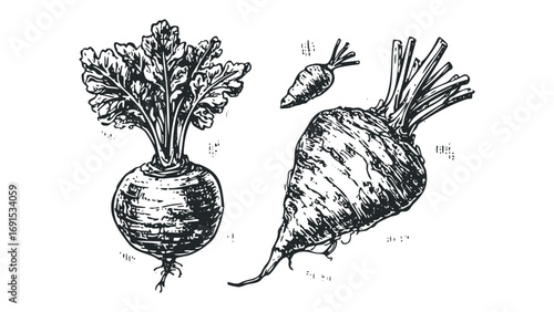 Line art drawing of root vegetables on transparent background. Vector hand drawn illustration