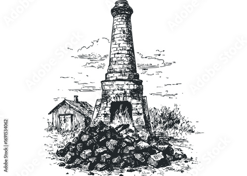 Sketch of brick kiln with coal pile and shed. Vector hand drawn illustration