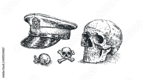 Hand drawn sketch of a skull, a captain hat, and a cannonball on transparent background. Vector hand drawn illustration