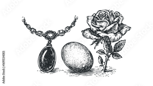 Vintage sketch of rose necklace and egg isolated on transparent. Vector hand drawn illustration